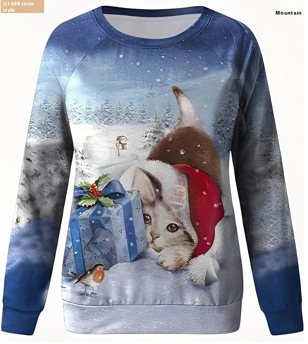 Blauer Damen Weihnachtspullover aus Baumwolle mit fröhlichem Rentieraufdruck und Rundhalsausschnitt. Perfect für die…