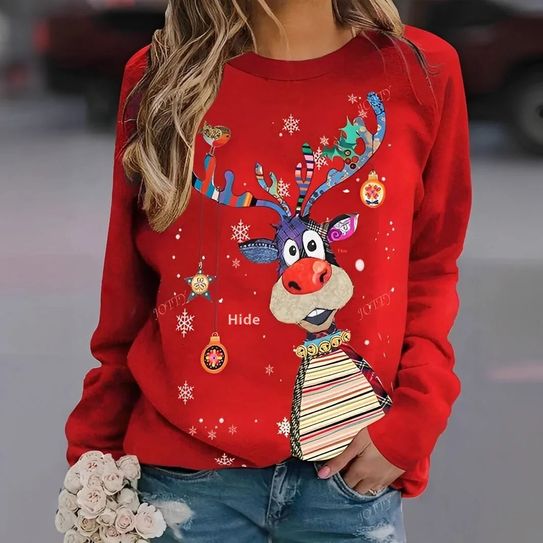 Damen Weihnachtspullover mit fröhlichem Rentieraufdruck