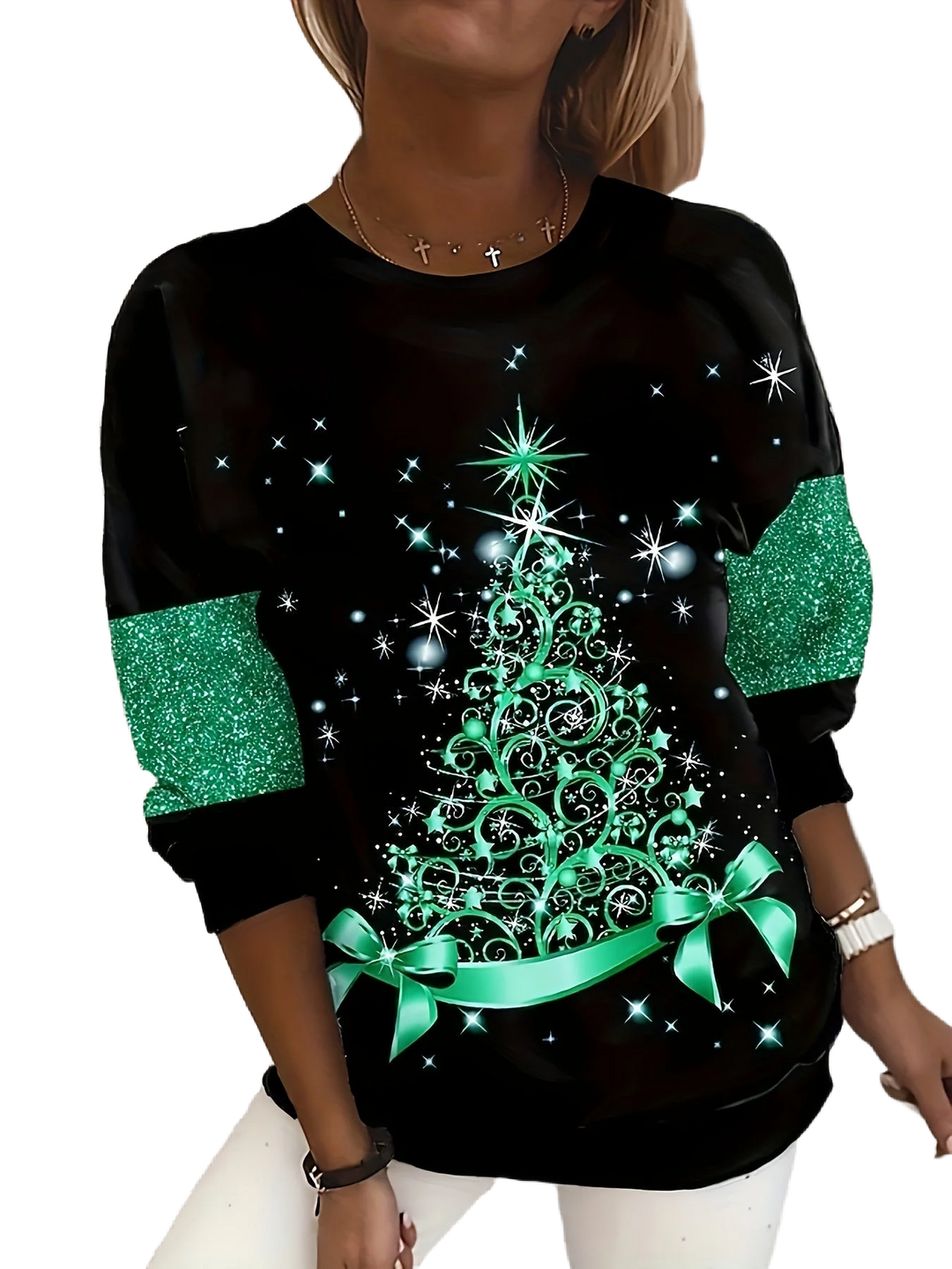 Damen Weihnachtspullover aus hochwertiger Baumwolle mit funkelndem Baum- und Sternmotiv in festlichen Farben.