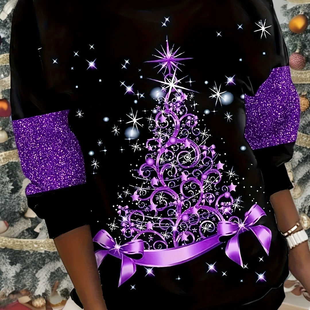 Damen Weihnachtspullover in Lila, aus weichem Baumwollmix mit funkelndem Baum- und Sternmotiv für festliche Anlässe.