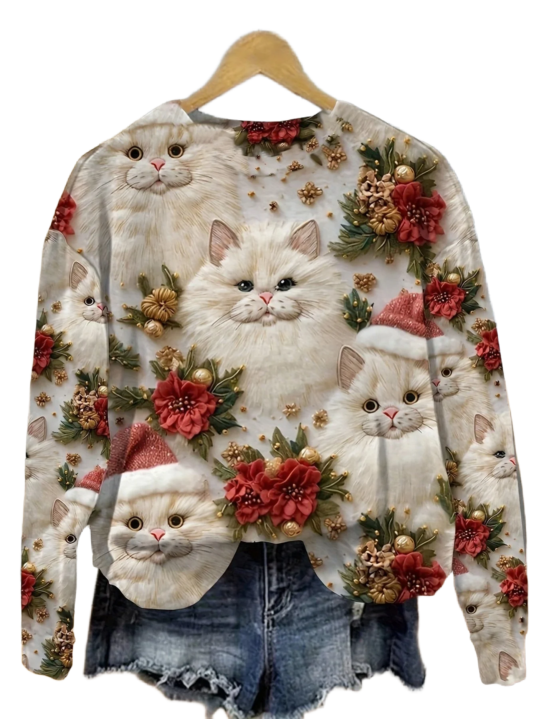 Damen Weihnachtspullover aus weicher Baumwolle mit Katzenmotiv und langen Ärmeln, ideal für die Feiertage.