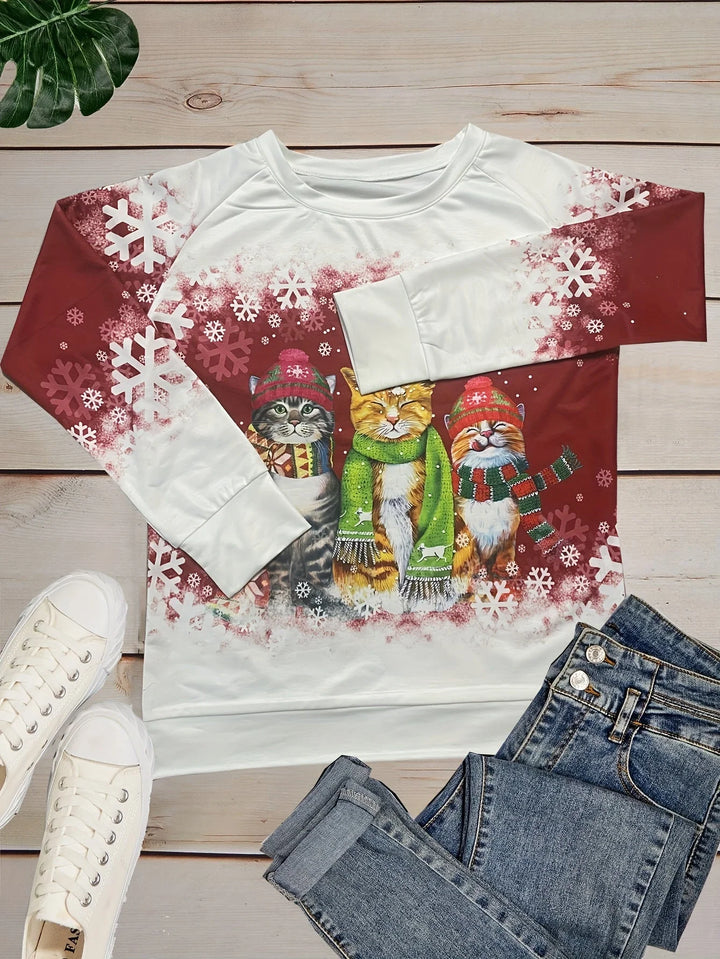 Damen Weihnachtspullover aus weichem Material mit Katzenmotiv und Rundhalsausschnitt, ideal für festliche Anlässe.