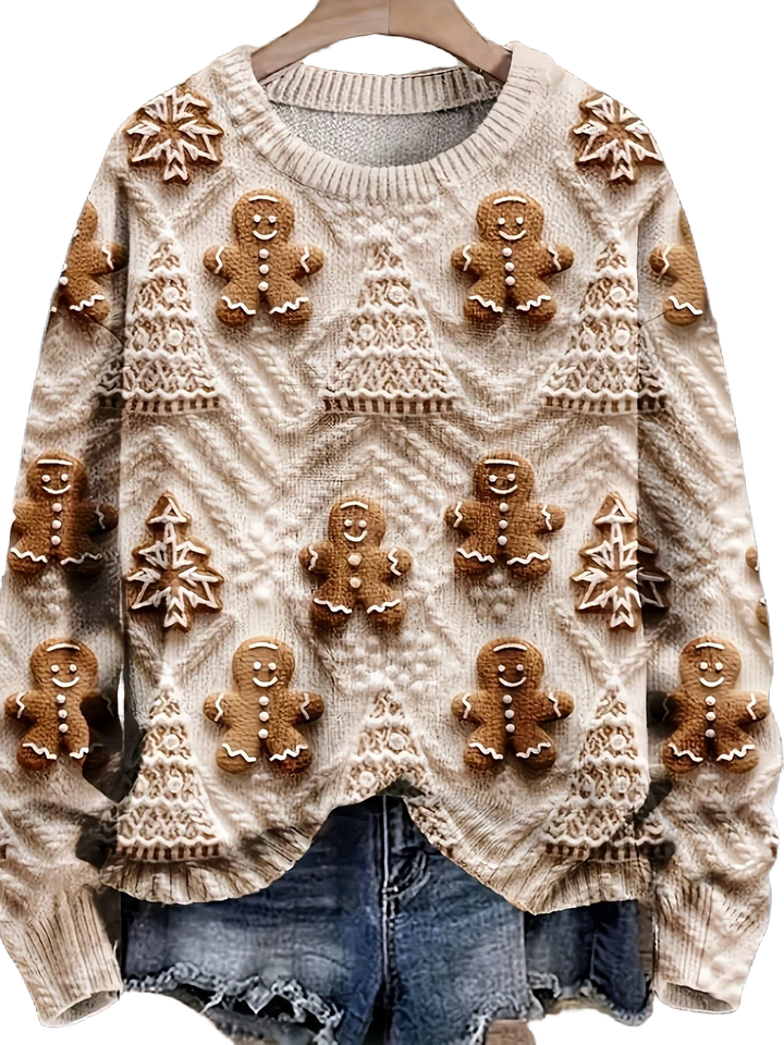 Damen Weihnachtspullover aus weicher Baumwolle mit Lebkuchen- und Baummotiven in festlichen Farben.