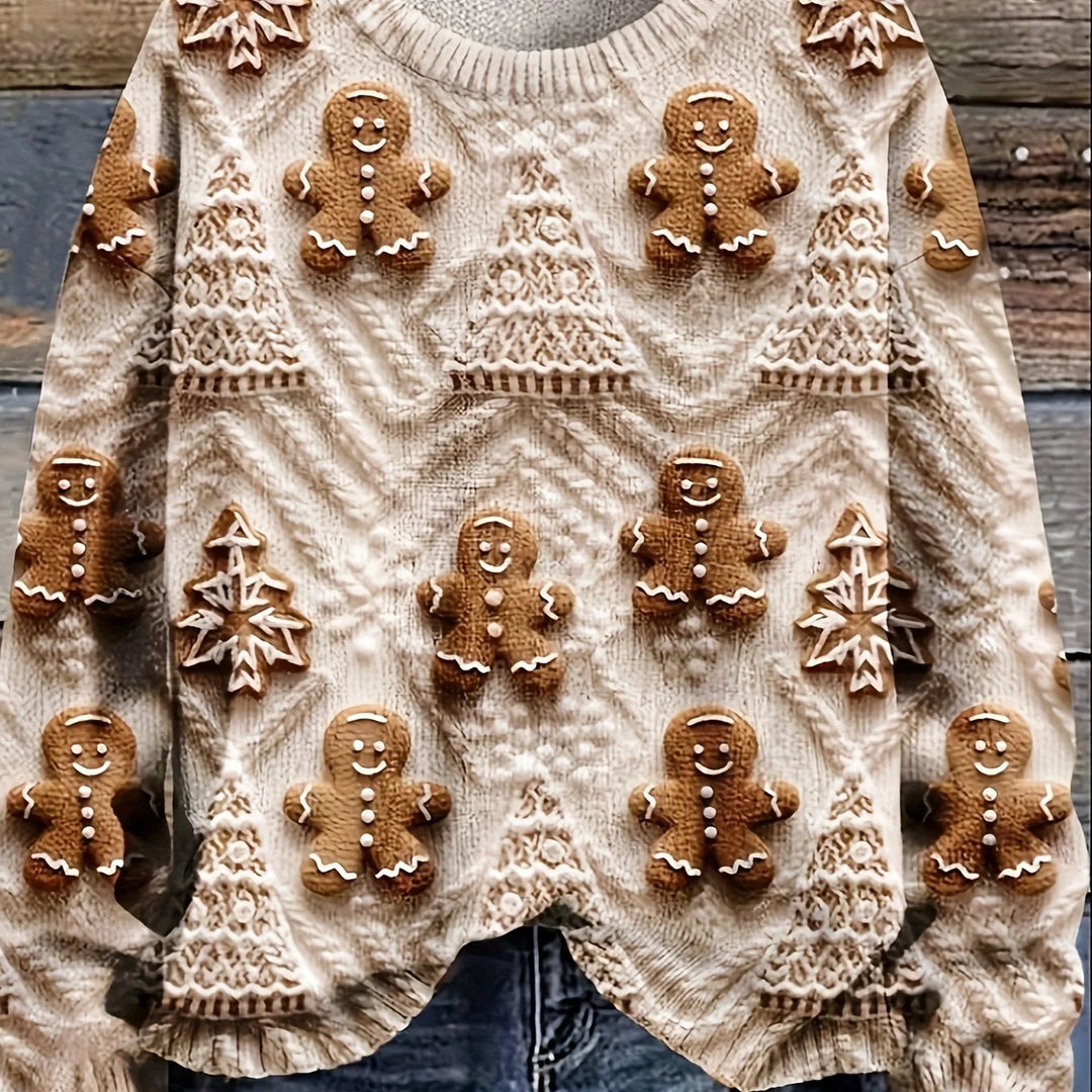 Damen Weihnachtspullover in gemustertem Design mit Lebkuchen- und Baummotiven aus weicher, bequemer Baumwollmischung.