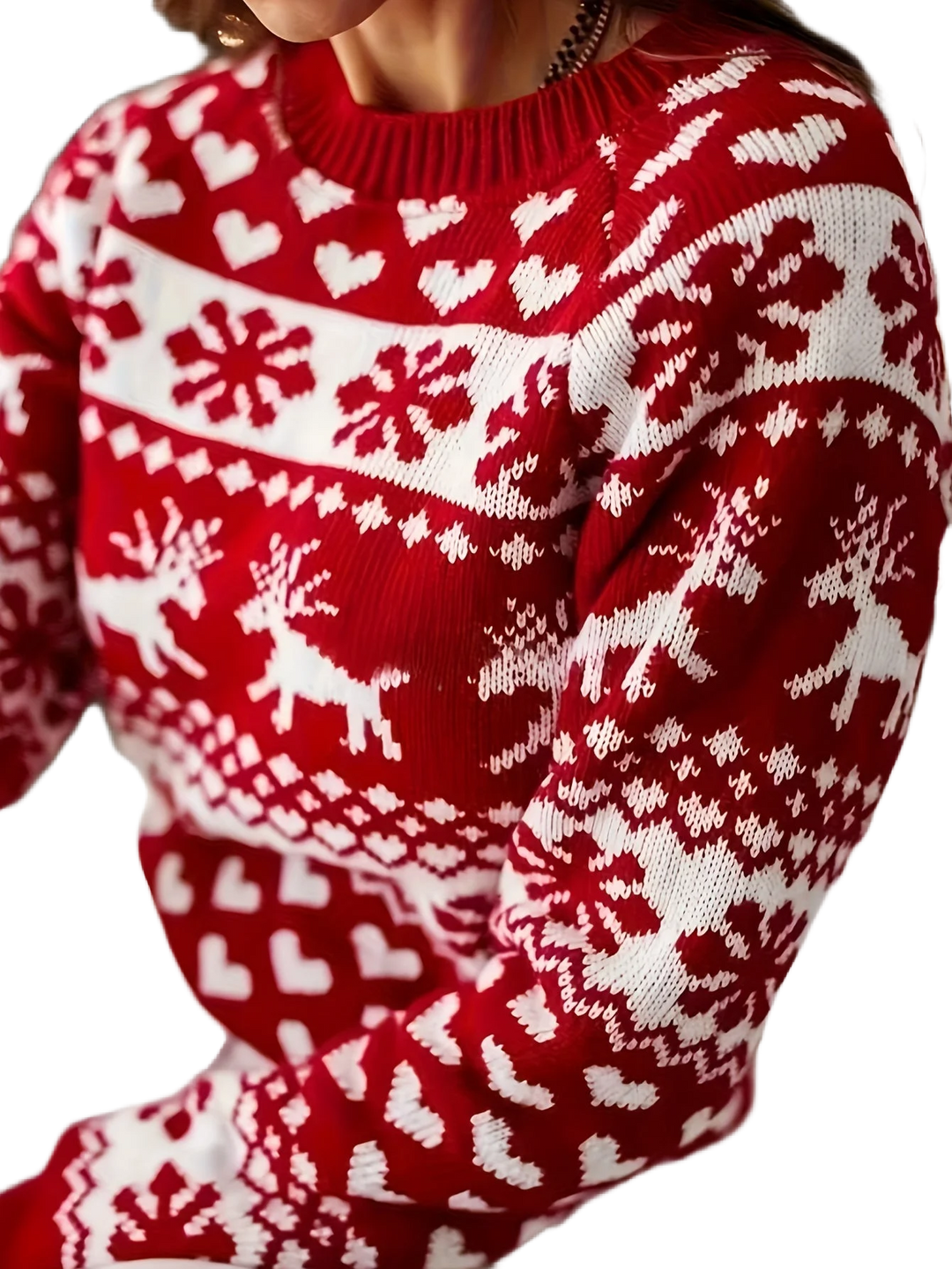 Damen Weihnachtspullover aus weichem Material mit Rentier- und Schneeflockenmuster in klassischen Rot- und Weißtönen.