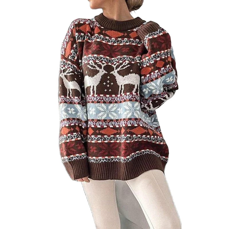 Brauner Damen Weihnachtspullover mit Rentier-Druck, Rundhalsausschnitt, aus weichem Material für gemütliche Feiertage.