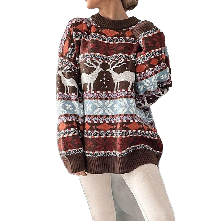 Brauner Damen Weihnachtspullover mit Rentier-Druck, Rundhalsausschnitt, aus weichem Material für gemütliche Feiertage.