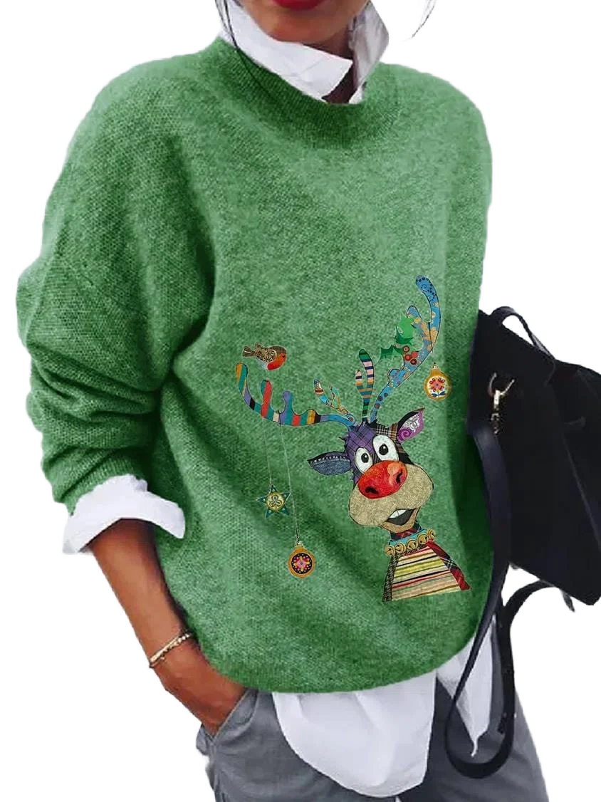 Damen Weihnachtspullover mit lockerer Passform, rot-weißem Rudolfmotiv, aus weichem, atmungsaktivem Material gefertigt.