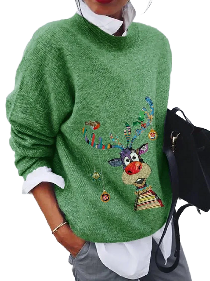 Damen Weihnachtspullover mit lockerer Passform, rot-weißem Rudolfmotiv, aus weichem, atmungsaktivem Material gefertigt.