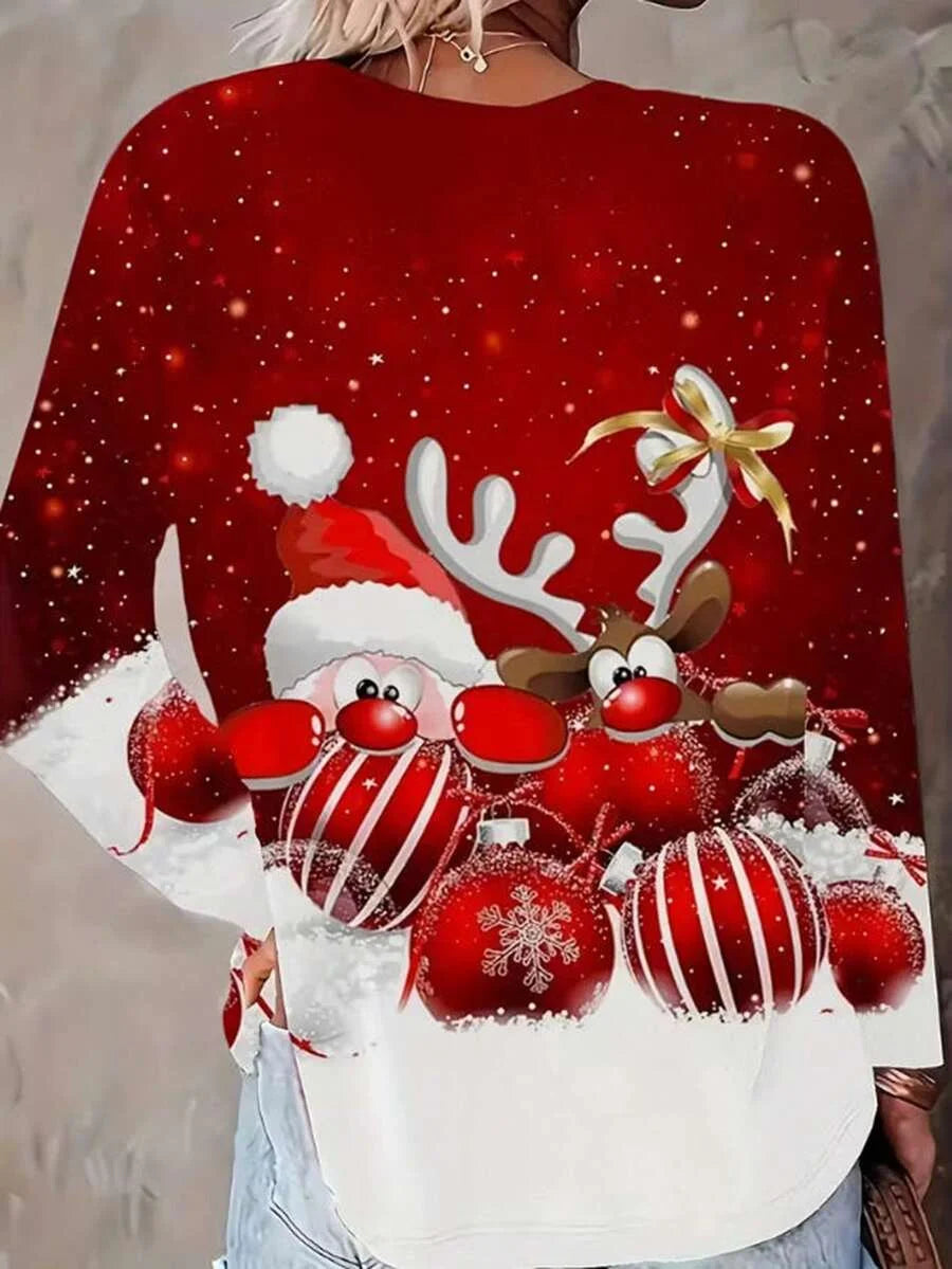 Roter Damen Weihnachtspullover aus weichem Material mit Santa und Rentiermotiv für festliche Anlässe.