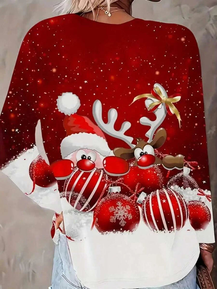Roter Damen Weihnachtspullover aus weichem Material mit Santa und Rentiermotiv für festliche Anlässe.