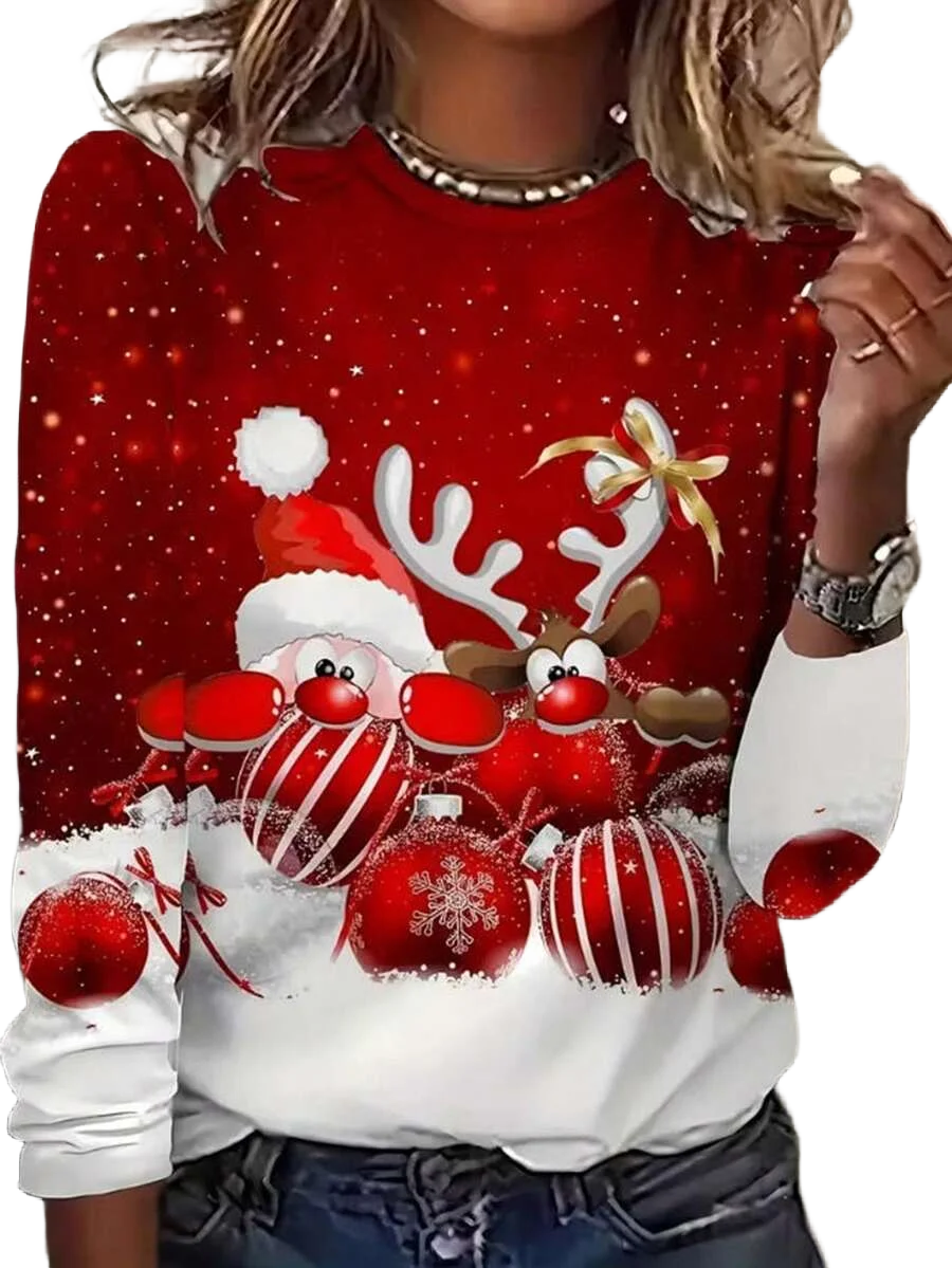 Roter Damen Weihnachtspullover mit Santa und Rentiermotiven, aus weichem Material, perfekt für festliche Anlässe.