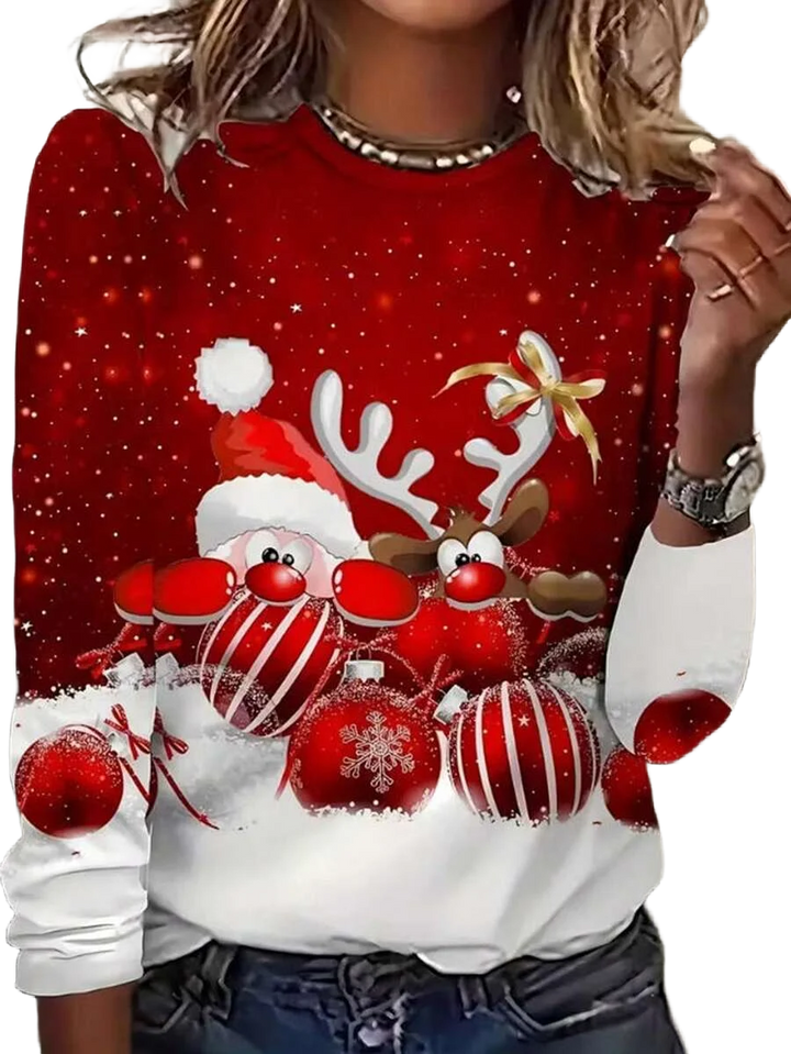 Roter Damen Weihnachtspullover mit Santa und Rentiermotiven, aus weichem Material, perfekt für festliche Anlässe.
