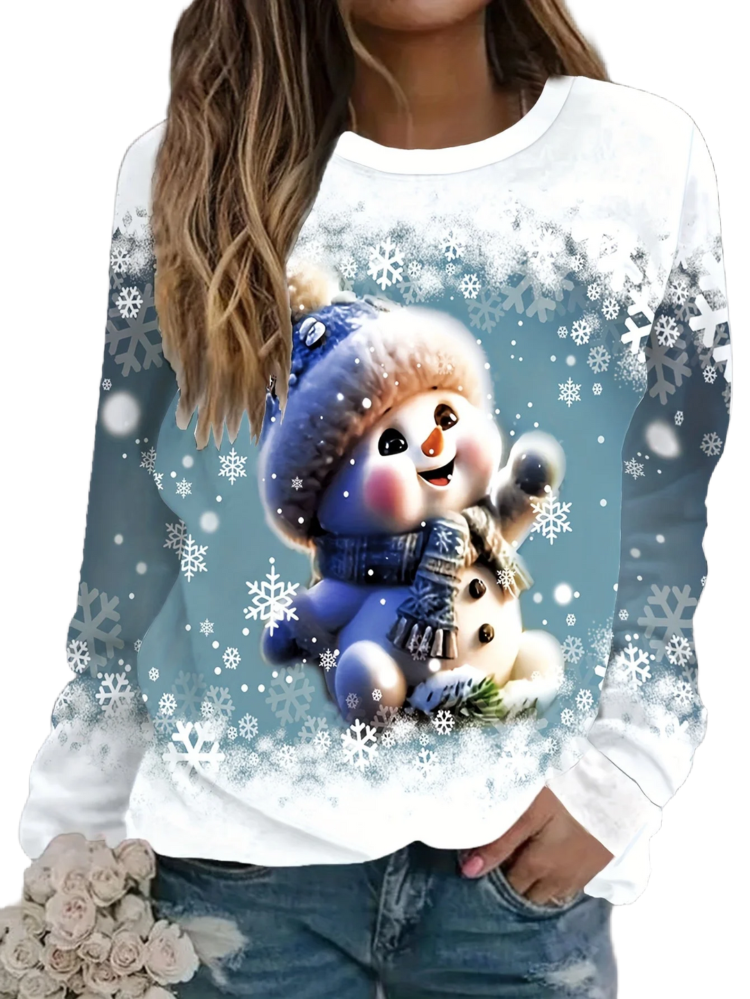 Damen Weihnachtspullover aus Baumwolle mit Schneemann- und Schneeflockenmuster für festliche Anlässe.