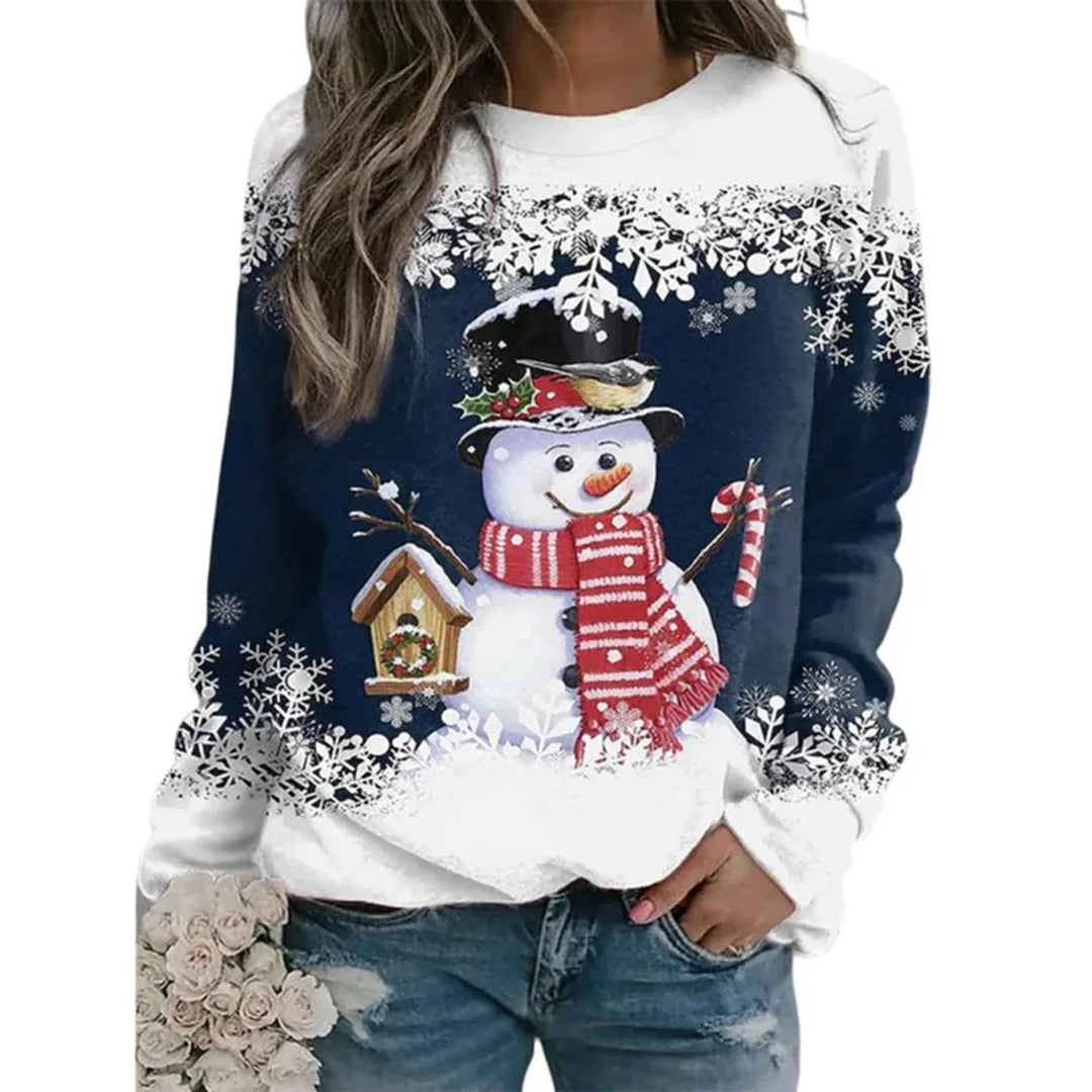 Dunkelblauer Damen Weihnachtspullover mit Schneemann-Design und Schneeflocken, aus weichem, warmem Material gefertigt.