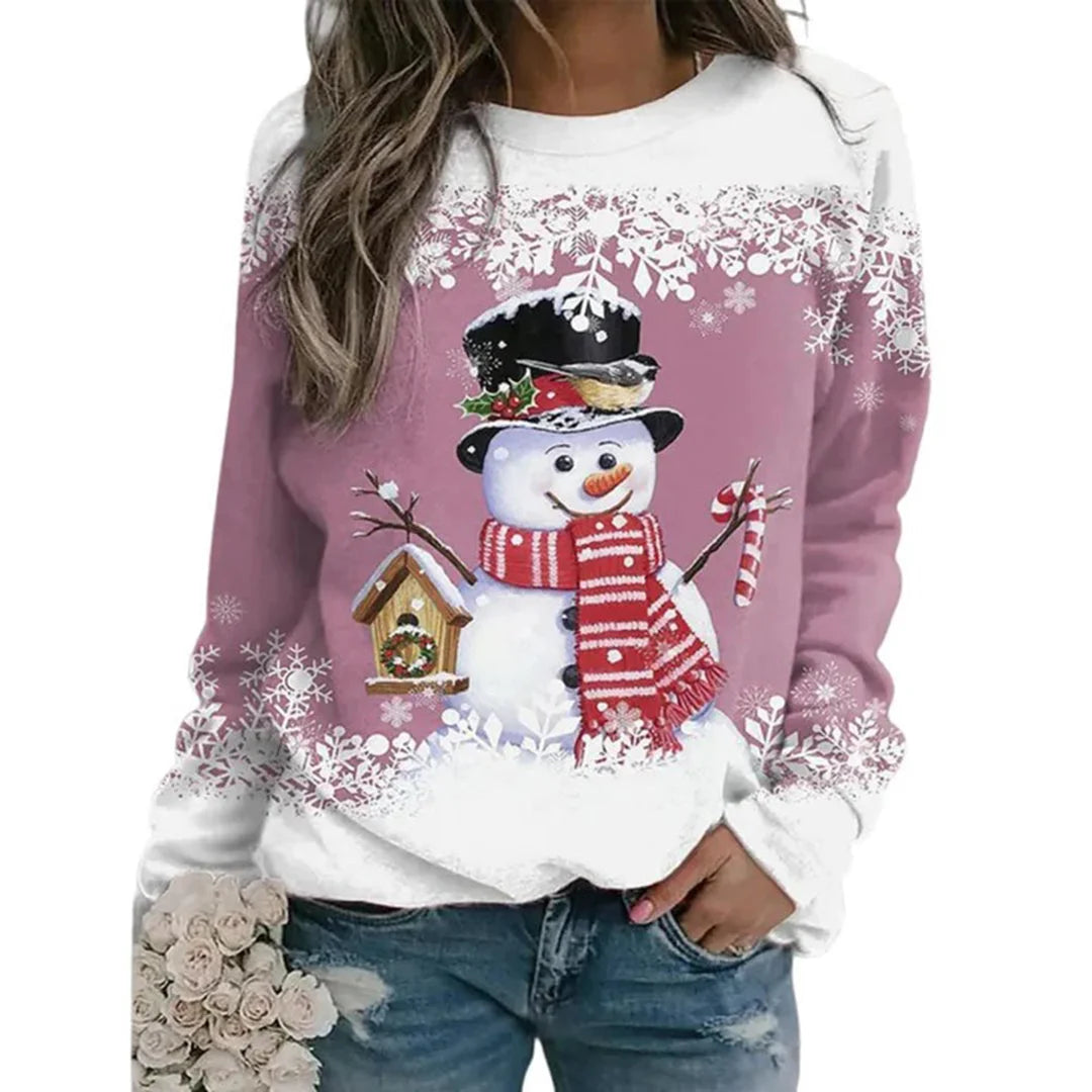 Rosa Damen Weihnachtspullover aus weichem Material mit Schneemann- und Schneeflocken-Muster. Ideal für festliche Anlässe.