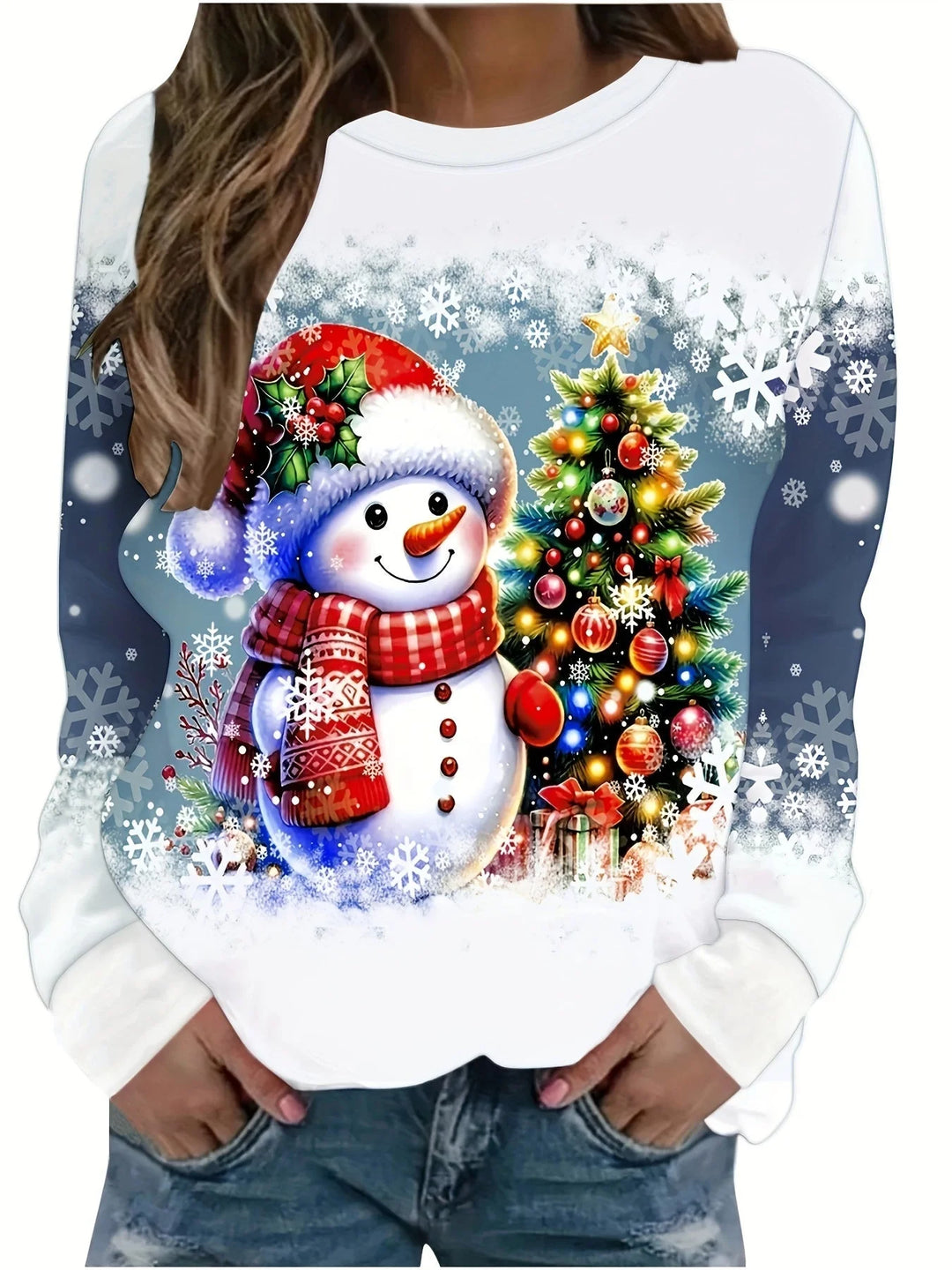 Damen Weihnachtspullover aus weichem Material mit Schneemann- und Schneeflockenmuster in festlichen Farben.