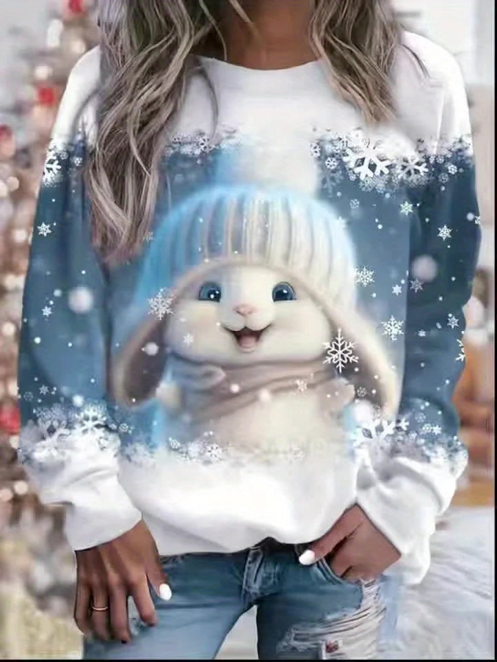 Damen Weihnachtspullover aus weichem Material mit Schneemann- und Schneeflockenmuster in lebendigen Farben.