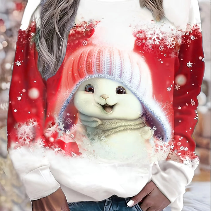 Damen Weihnachtspullover in Rot mit Schneemann- und Schneeflockenmuster, aus weichem, bequemem Material, ideal für die…