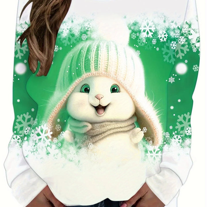 Damen Weihnachtspullover in Smaragdgrün mit Schneemann- und Schneeflockenmuster aus weicher, warmhaltender Baumwolle.