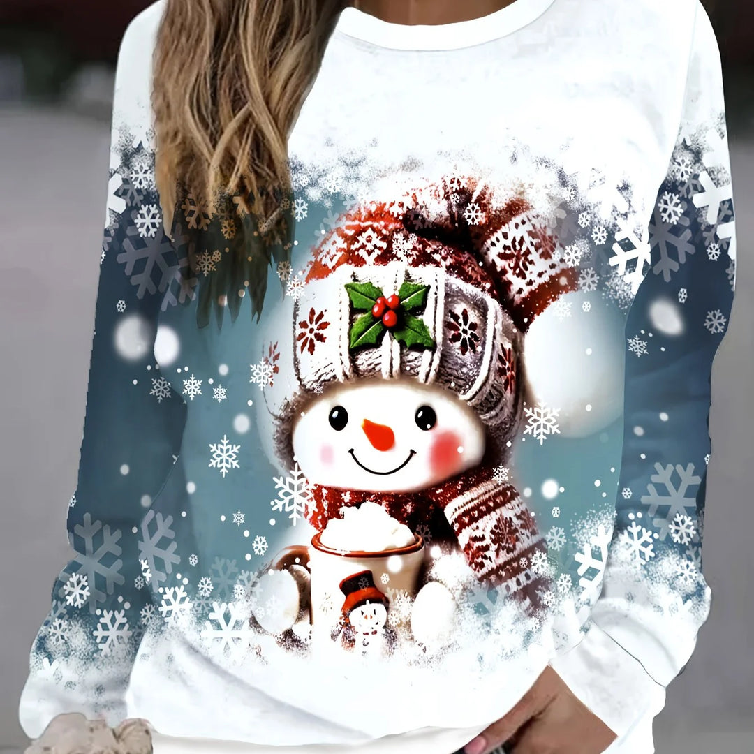 Damen Weihnachtspullover aus weichem Material mit Schneemann- und Schneeflockenmuster für gemütliche Feiertage.