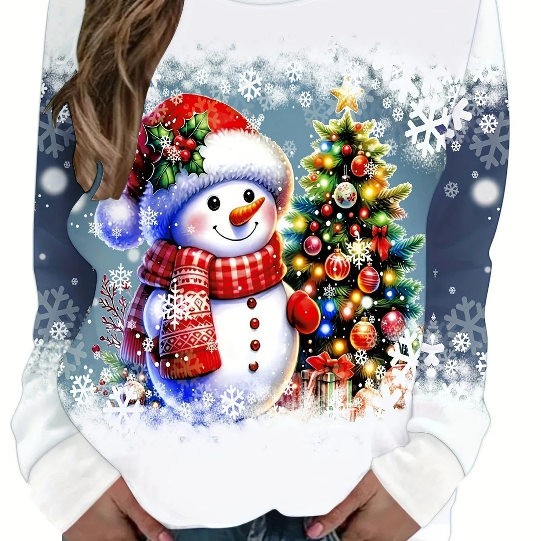 Damen Weihnachtspullover aus weichem Baumwollmix mit Schneemann- und Schneeflockenmuster in festlichem Design.