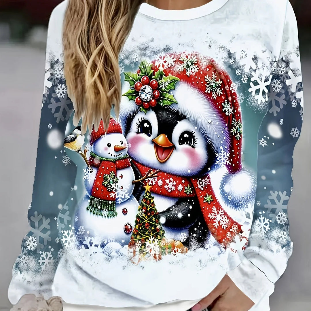 Damen Weihnachtspullover aus weichem Material mit buntem Schneemann- und Schneeflockenmuster, ideal für die Feiertage.