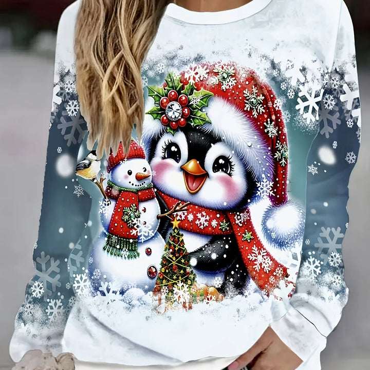 Damen Weihnachtspullover aus weichem Material mit buntem Schneemann- und Schneeflockenmuster, ideal für die Feiertage.