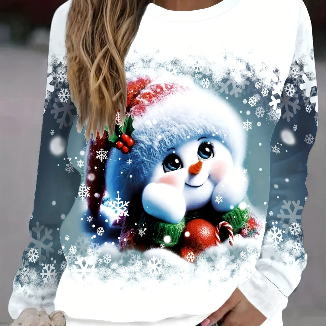 Damen Weihnachtspullover aus weichem Material mit Schneemann- und Schneeflockenmotiven in lebhaften Farben. Artikel im Stil5.