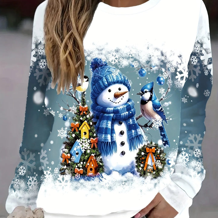 Damen Weihnachtspullover aus weichem Material mit Schneemann- und Schneeflockenmuster für eine festliche Atmosphäre.