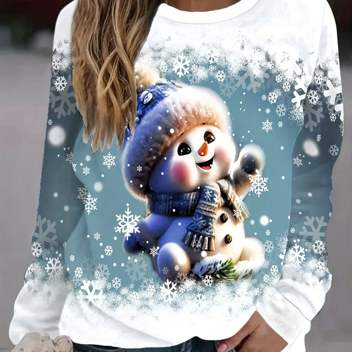 Weißer Damen Weihnachtspullover mit Schneemann- und Schneeflockenmuster, gefertigt aus weichem, gemütlichem Material.