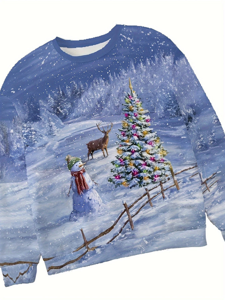 Damen Weihnachtspullover mit Schneemann und Tannenbaum-Motiv aus weichem, gemütlichem Material für festliche Anlässe.