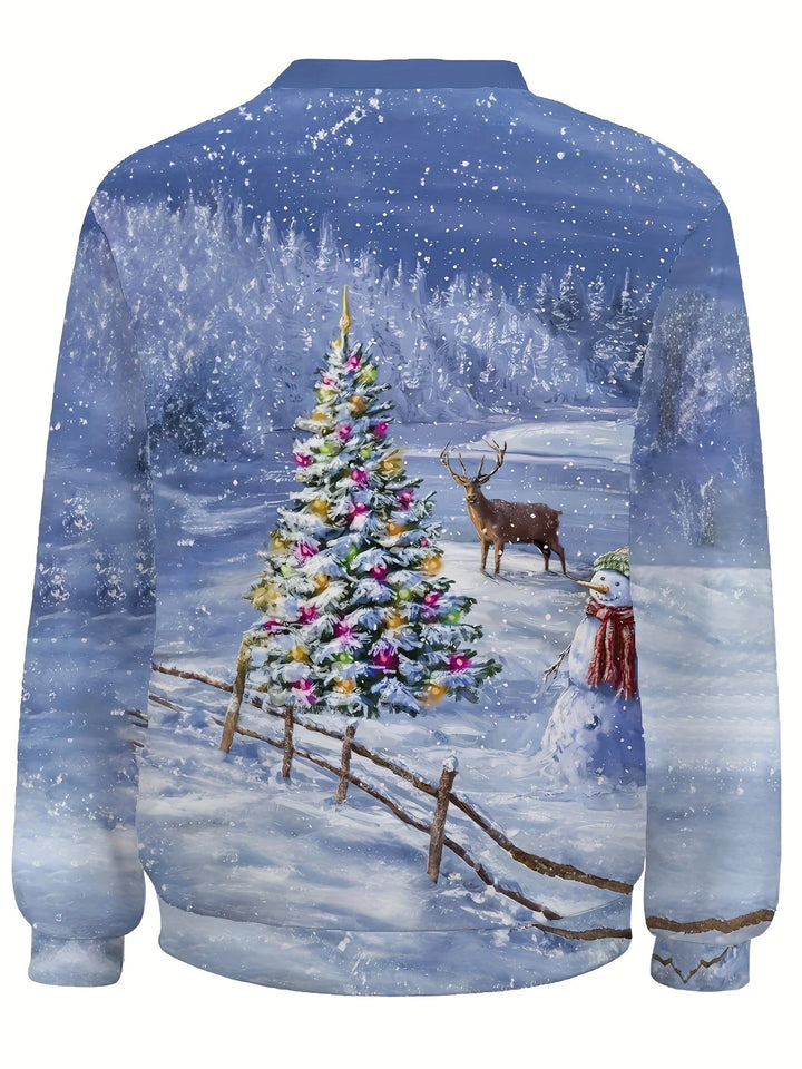 Damen Weihnachtspullover aus Baumwolle mit buntem Schneemann- und Tannenbaum-Motiv für festliche Anlässe.