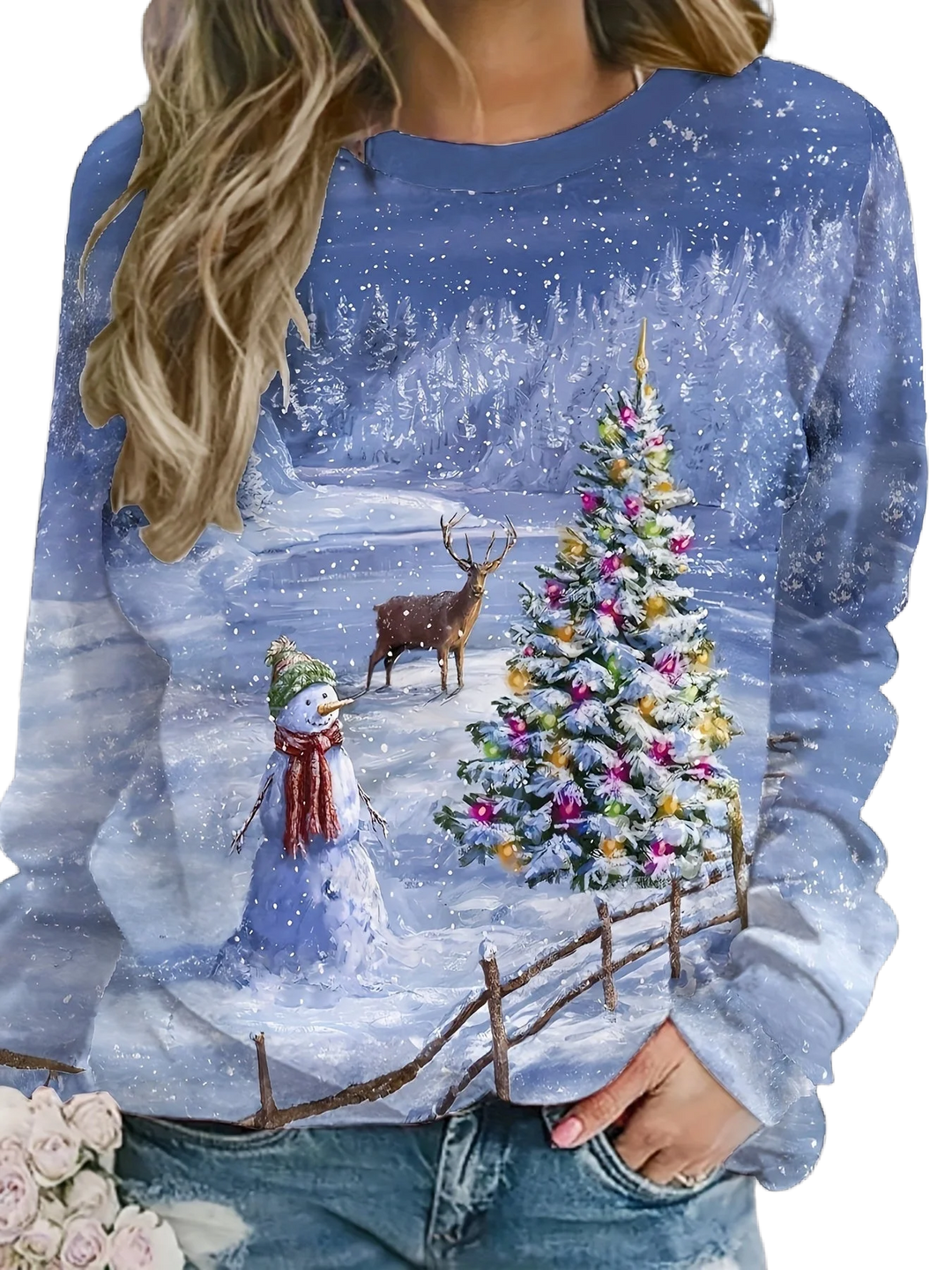 Damen Weihnachtspullover aus Baumwolle mit Schneemann- und Tannenbaum-Motiv, ideal für die festliche Saison.