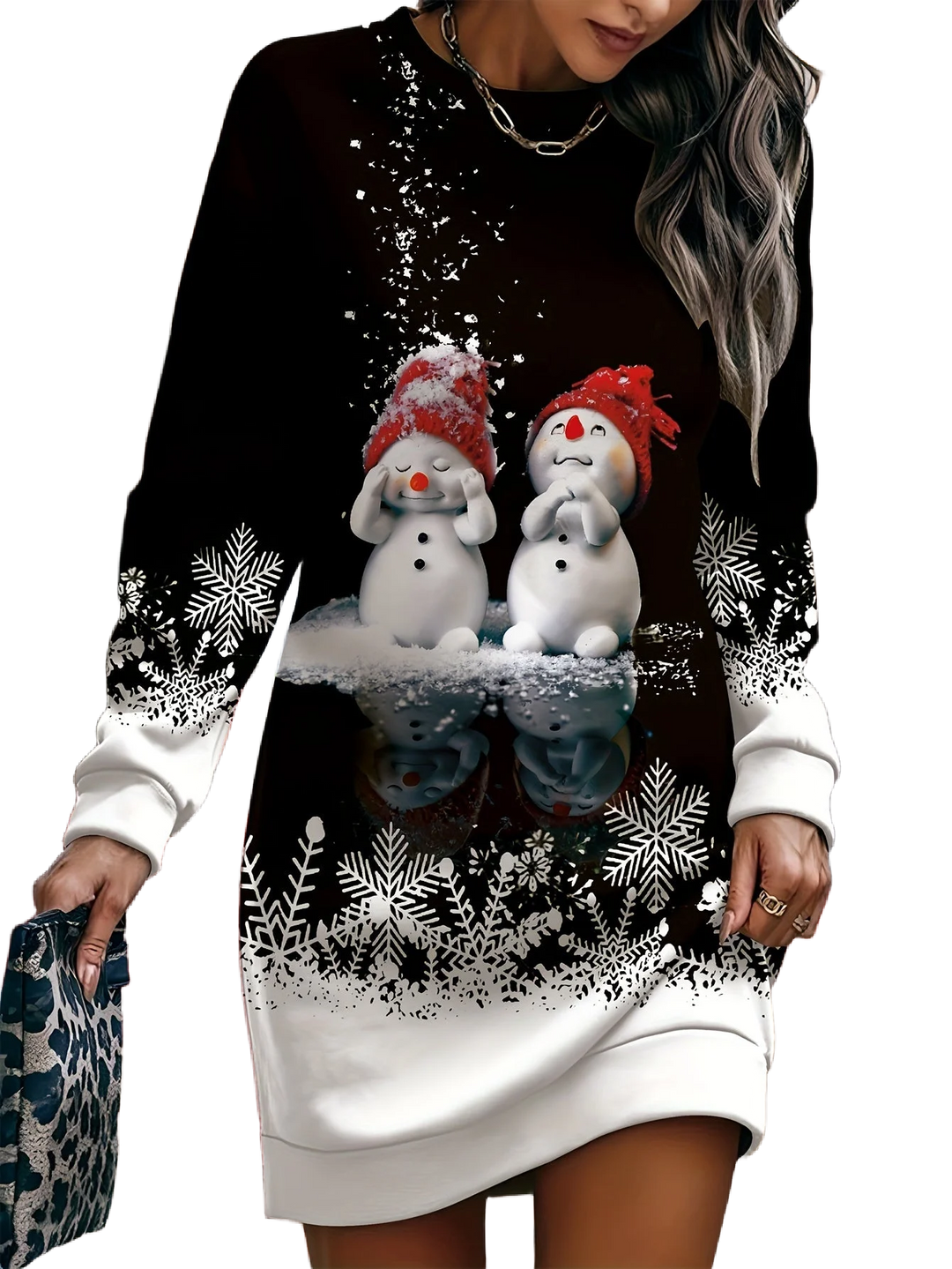 Damen Weihnachtspullover mit Rundhalsausschnitt, Schneemannmotiv aus weichem Baumwollmix, ideal für die festliche Jahreszeit.