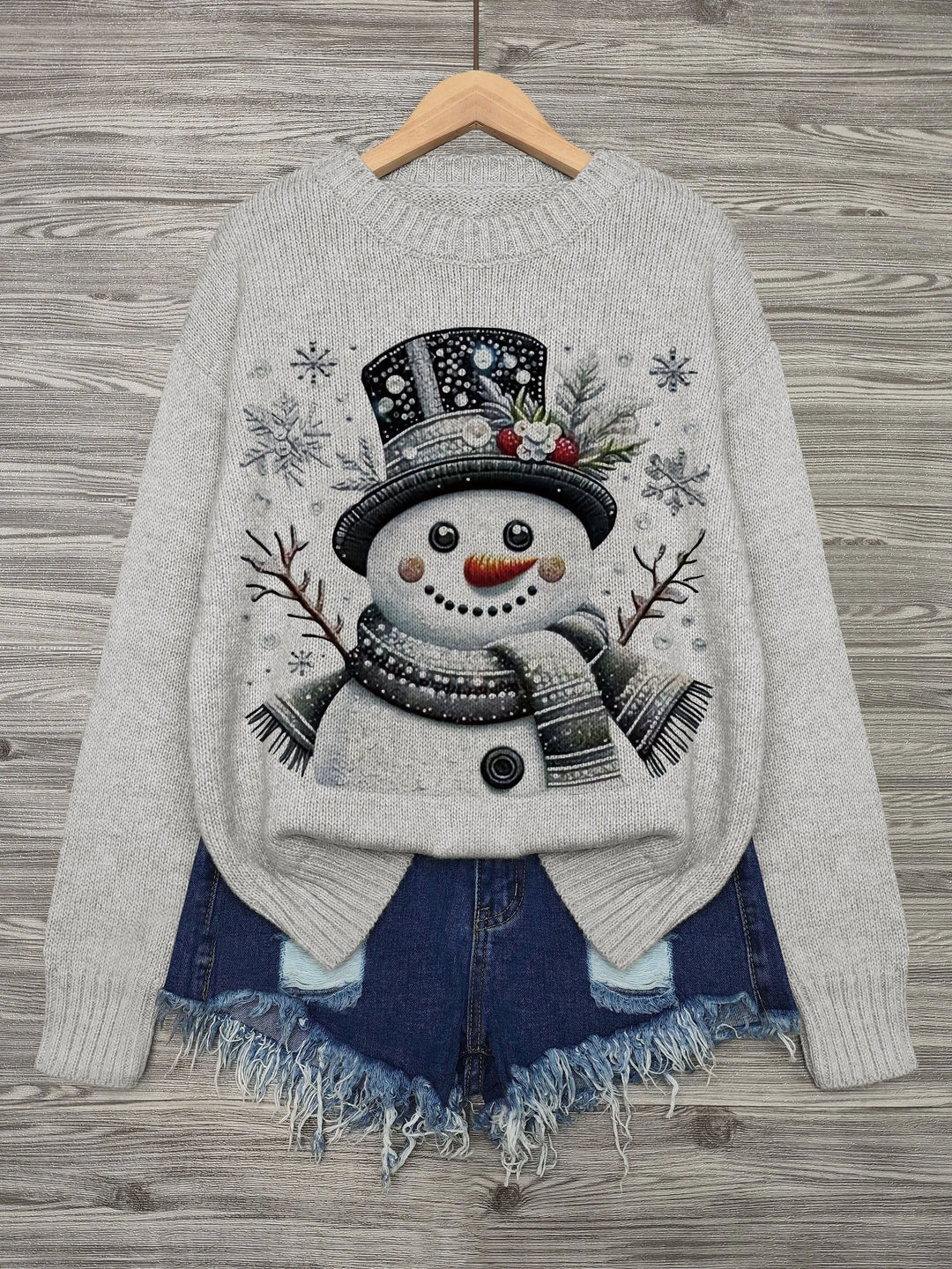 Damen Weihnachtspullover aus weichem Material, mit Schneemannmotiv und Rundhalsausschnitt für festliche Anlässe.