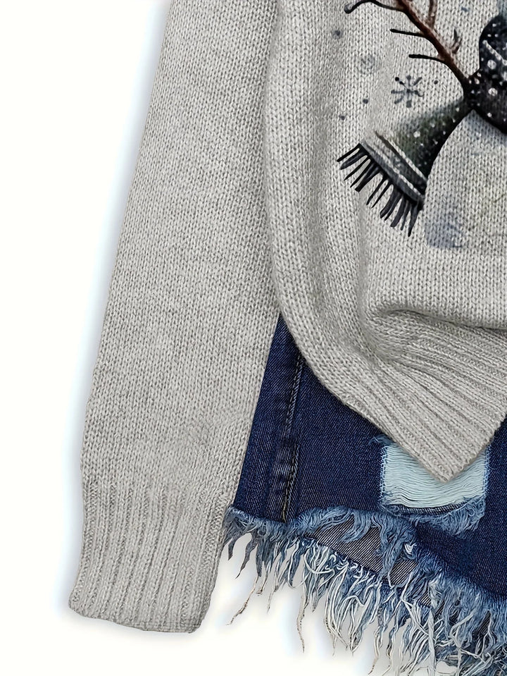 Damen Weihnachts-Pullover aus Baumwolle mit Schneemannmotiv und Rundhalsausschnitt, ideal für festliche Anlässe.