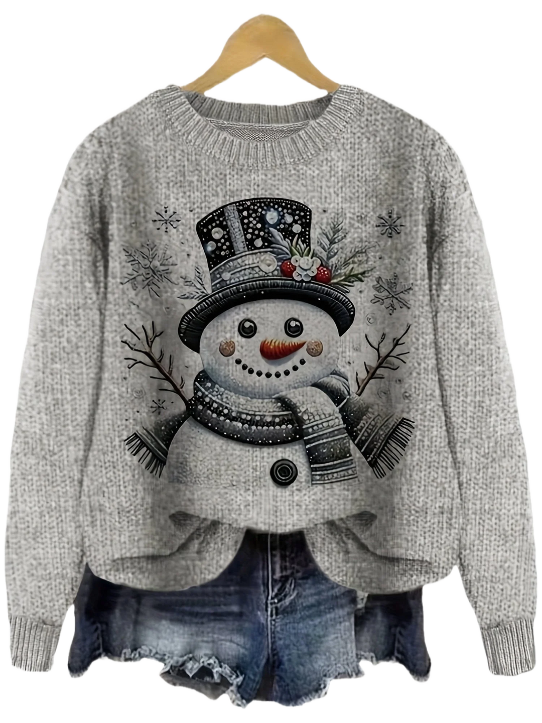 Damen Weihnachtspullover aus Baumwolle mit Schneemannmotiv und Rundhalsausschnitt, ideal für festliche Anlässe.