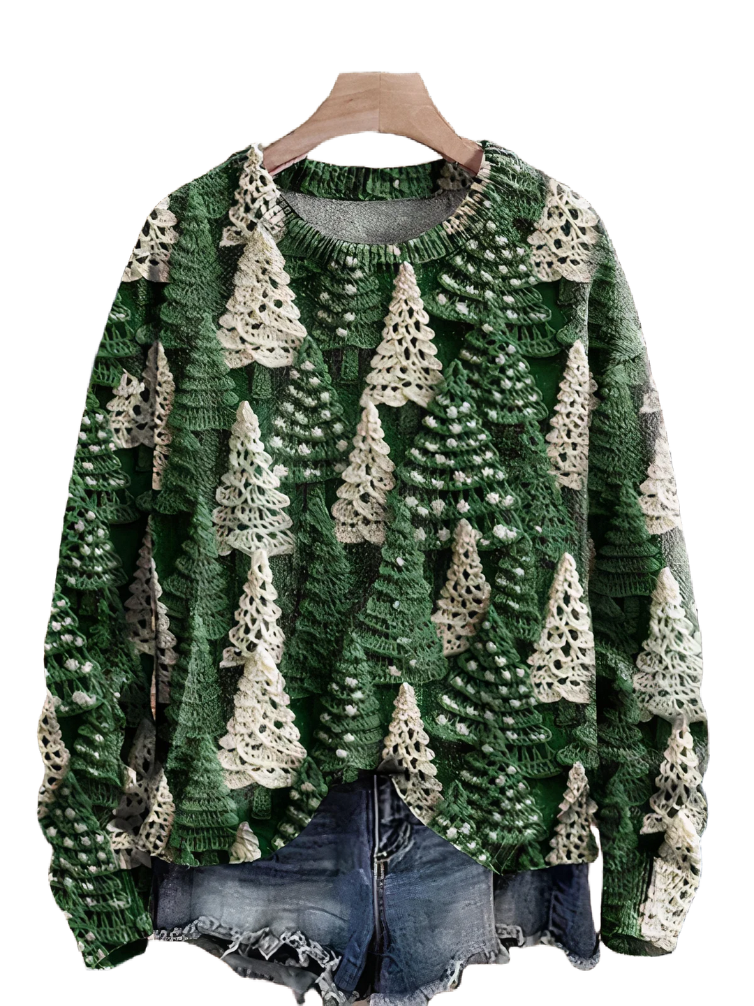 Damen Weihnachtspullover in Grün mit Tannenbaum-Muster aus weichem Baumwollmix für gemütliche Feiertage.