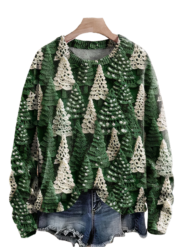 Grüner Damen Weihnachtspullover aus weichem Material mit Tannenbaumprint und Rundhalsausschnitt für festliche Anlässe.