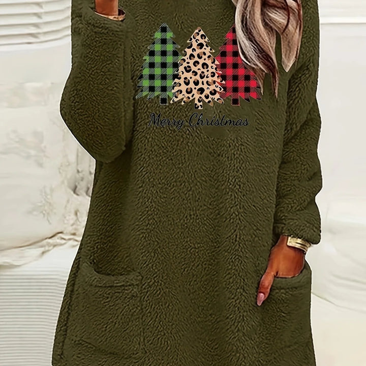 Damen Weihnachtspullover in Armygrün, aus weichem Material, mit praktischen Taschen und Rundhalsausschnitt.