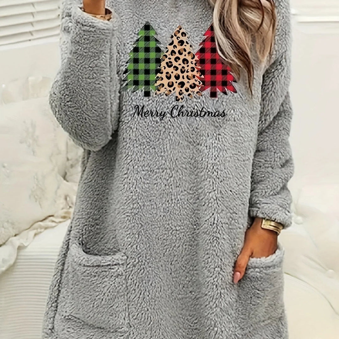 Grauer Damen Weihnachtspullover mit Rundhalsausschnitt und praktischen Taschen, gefertigt aus weichem, warmem Material.