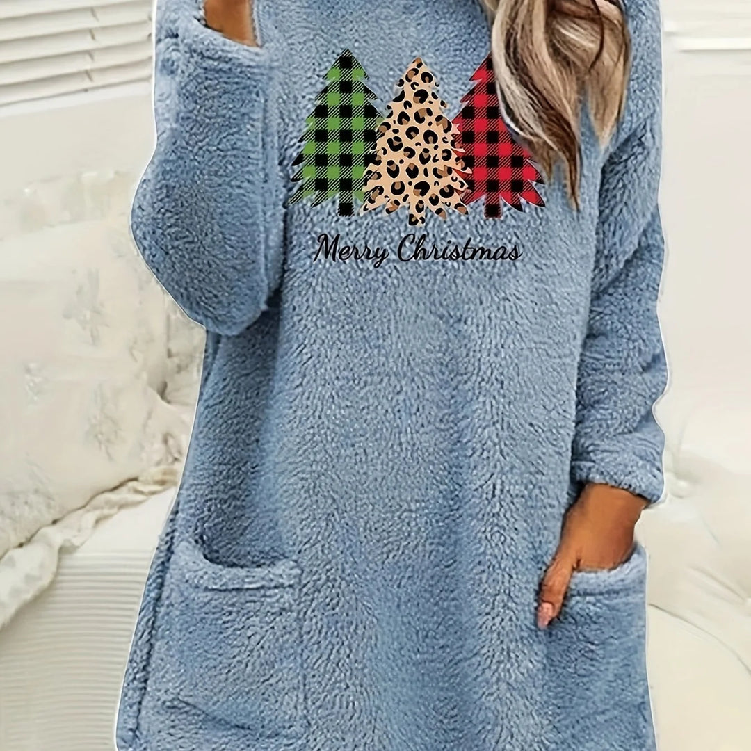 Hellblauer Damen Weihnachtspullover mit Taschen, Rundhalsausschnitt, aus weichem, gemütlichem Material für festliche Anlässe.