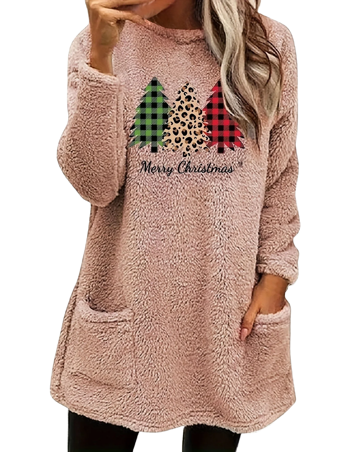 "Roter Damen Weihnachtspullover mit Taschen, Rundhalsausschnitt und nordischem Muster aus weicher, bequemer Baumwolle."