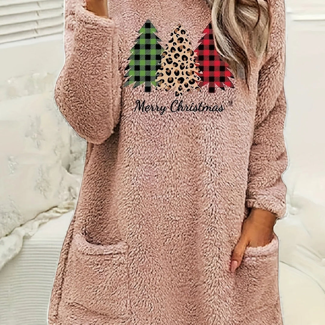 Rosa Damen Weihnachtspullover mit Taschen, Rundhalsausschnitt und bequemer Passform aus weichem, warmem Material.