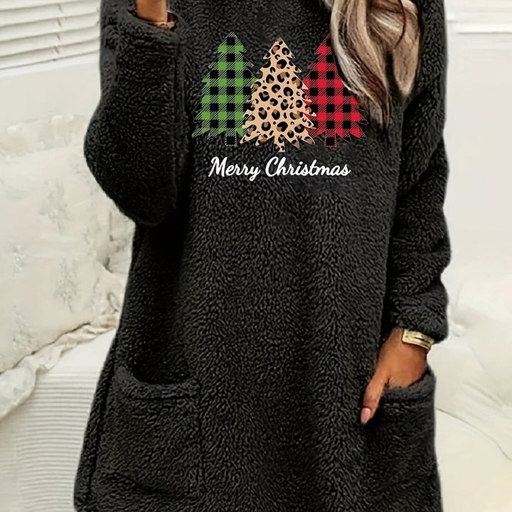 Schwarzer Damen Weihnachtspullover mit Taschen, Rundhalsausschnitt, aus weichem, warmem Material für gemütliche Feiertage.