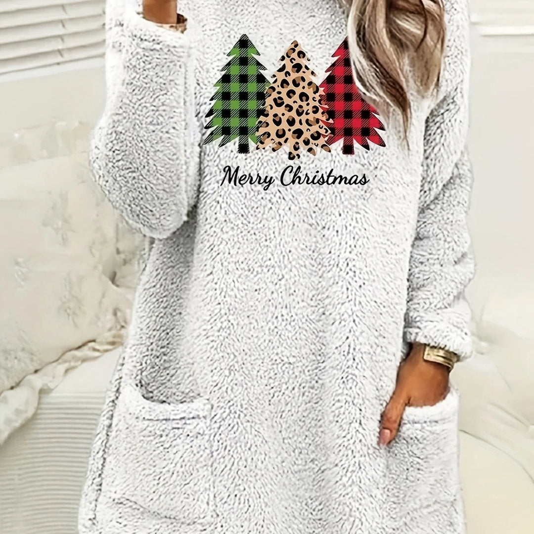 Weißer Damen Weihnachtspullover aus weichem Material mit Taschen und Rundhalsausschnitt, ideal für die Feiertage.