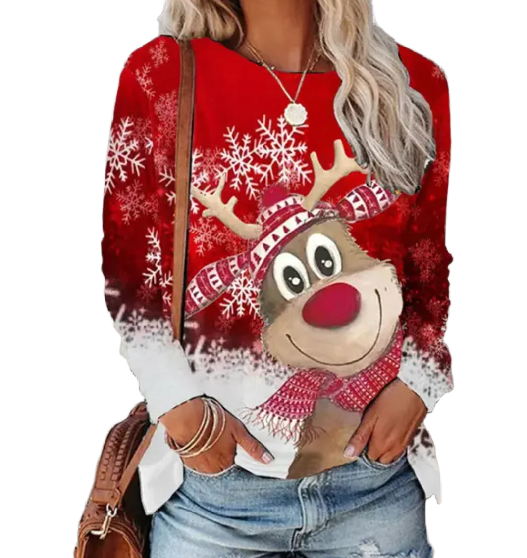 Damen Weihnachtspullover in Rot mit verspieltem Rentier-Print aus weicher, bequemer Baumwollmischung für festliche Anlässe.
