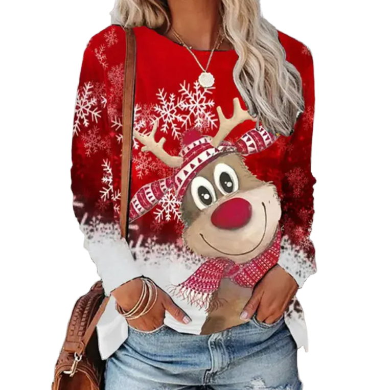 Damen Weihnachtspullover in Rot mit verspieltem Rentier-Print aus weicher, bequemer Baumwollmischung für festliche Anlässe.