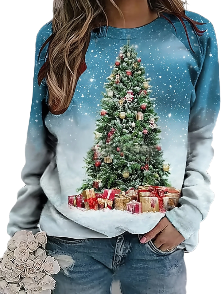 Damen Weihnachtspullover aus weichem Material mit Rundhalsausschnitt und buntem Weihnachtsbaumdruck.